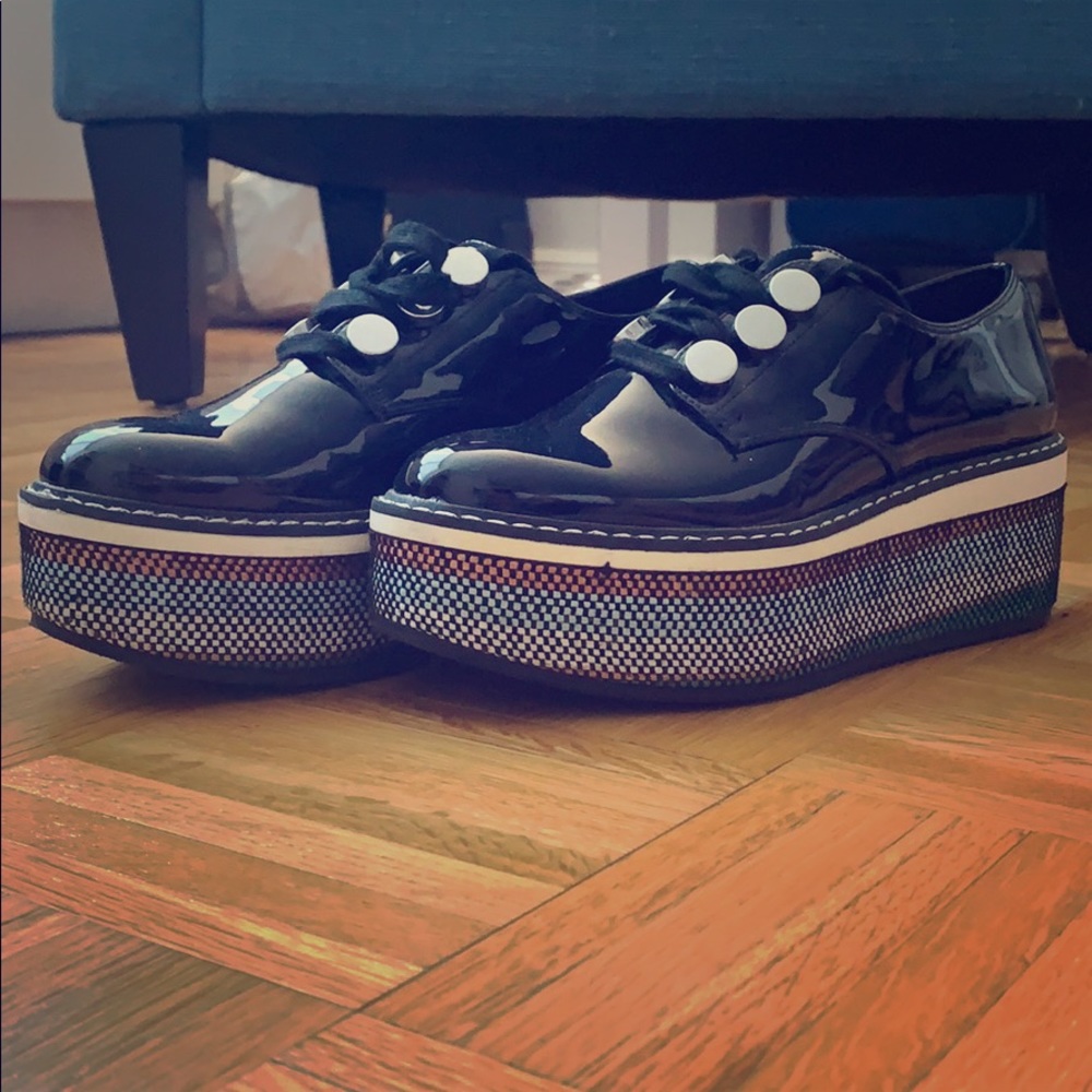 Black, patent leather, platform shoes